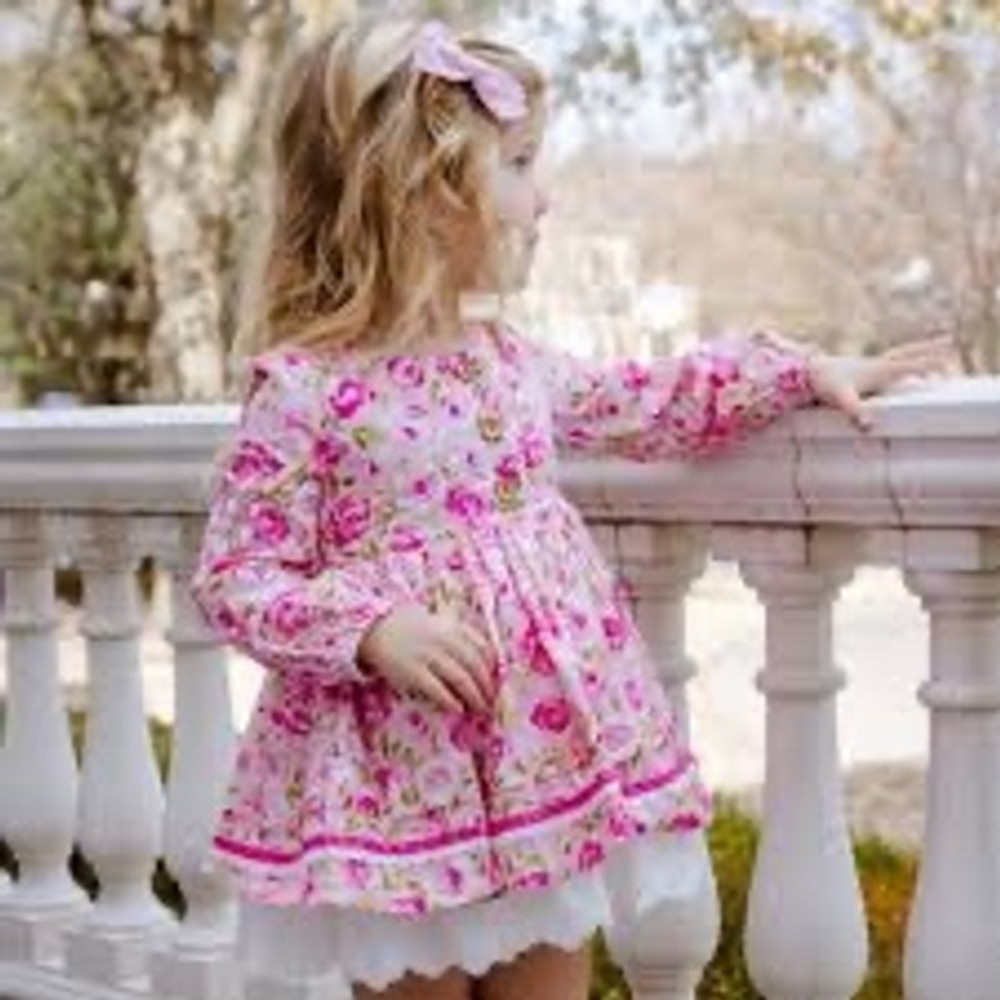 SweetHoney Girls 4T Pink Rose Floral Long Sleeve Cotton Dress Eyelet Lace Trim